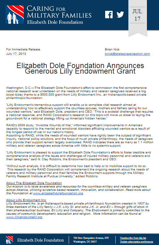 Elizabeth Dole Foundation announces generous lilly endowment grant
